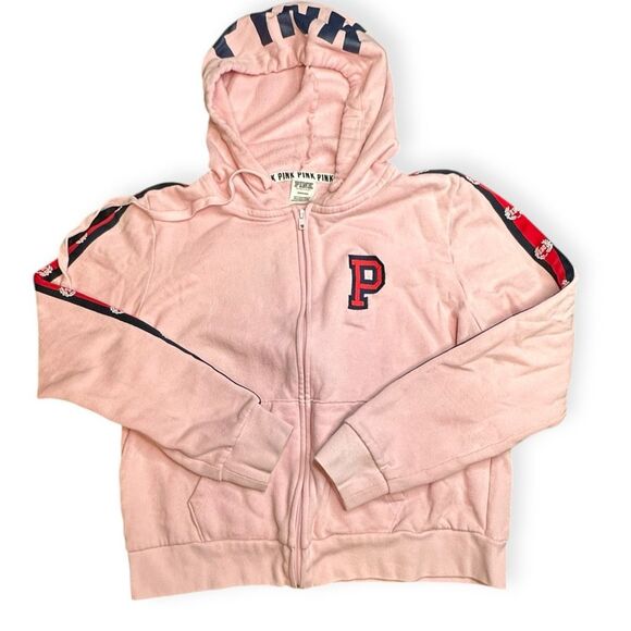 PINK VICTORIA’S SECRET Women’s Pink Full Zip Hoodie with Red Logo Patch Size Lar - Picture 1 of 5